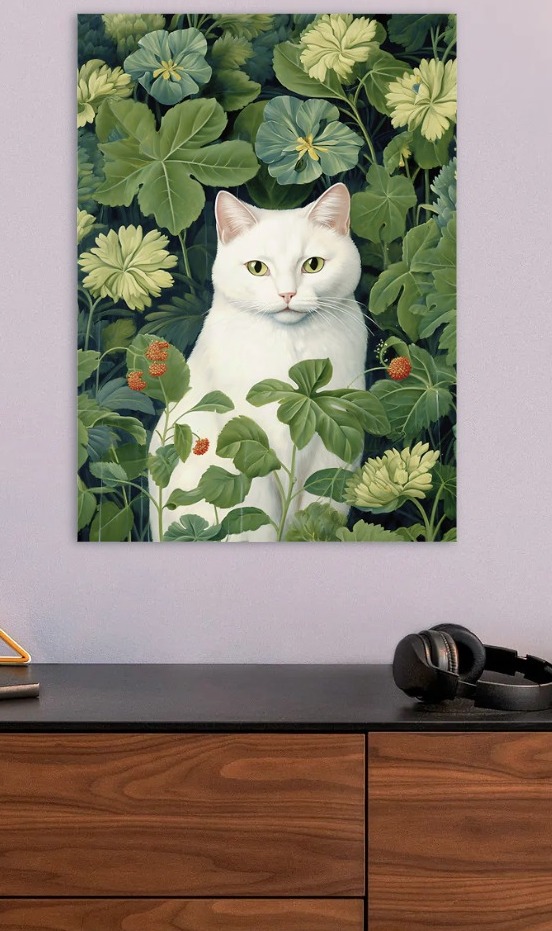 White Cat Among Greenery — metal poster wall art by Lineer